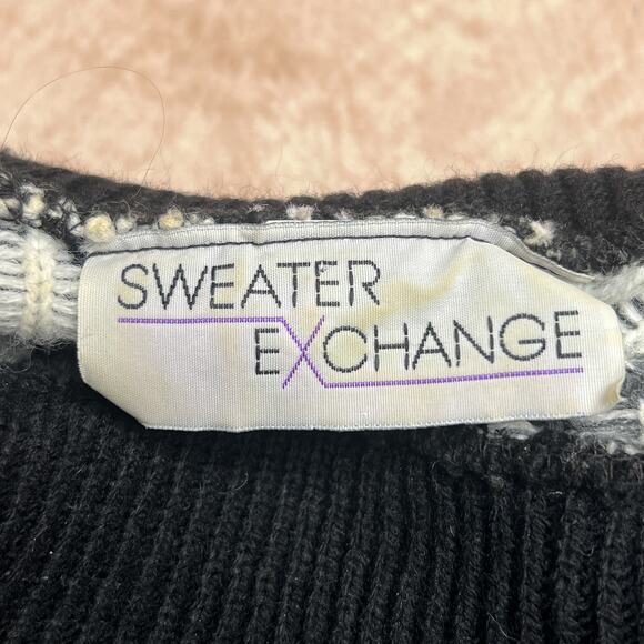 Vintage 80s Sweater Exchange Floral Mock Neck Oversized Top Black White Knit Mod - Picture 3 of 6